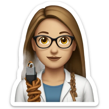 white female, brown straight hair with glasses, holding an extension cord sticker