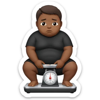sad fat young boy in black t shirt on weight scale crying because sadness sticker