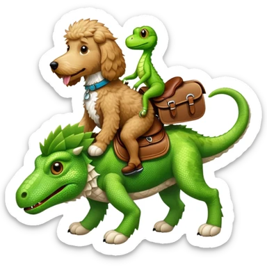 A goldendoodle with a saddle being ridden by a lizard sticker