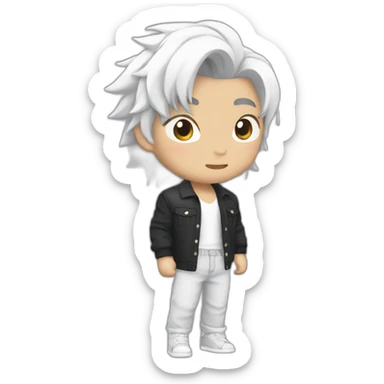 Chinese idol wearing white straps, gray pants and black shirt with white hair sticker