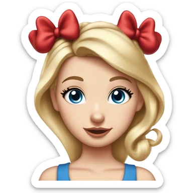White girl, with blue eyes, short straight blonde hair, elegant with a big red bow on her head and Minnie Mouse ears on her head. 
Mouse ears on her head. Super chick and elegant sticker