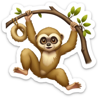 adorable lar gibbon, disney-style, swinging from a tree branch sticker