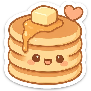 chibi sticker-style pancake stack with a heart accent, cute and exaggerated sticker
