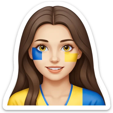 Brunette woman with long hair, Ukrainian flag (blue and yellow) painted on her cheek, happy expression sticker