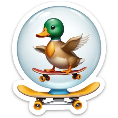 A large glass sphere a duck riding a skateboard inside sticker