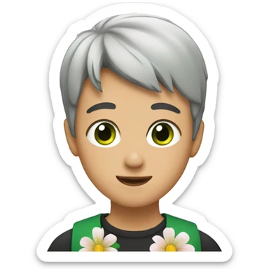 Boy with a green eyes and dark short hair stay with a flowers sticker