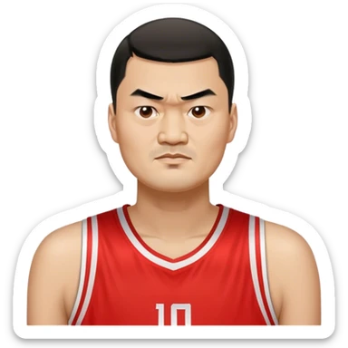 Yao Ming – Cinematic Realistic Portrait of Yao Ming, depicted as a towering basketball icon in a modern uniform, with a gentle yet determined expression and dynamic arena lighting that highlights his immense stature and graceful athleticism. sticker