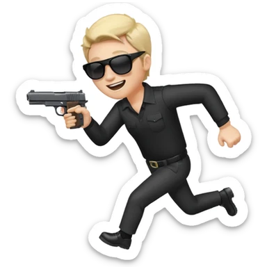 Quiero un emoji con lentes negros con una pistola automática en la mano riéndose y pasandose la pistola por la cara sticker