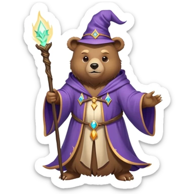 A bear wizard casting a spell with magical staff and flowing robes sticker