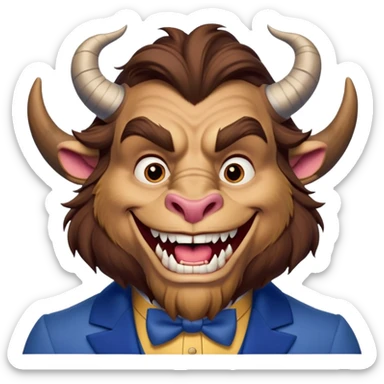 Beast from Beauty and the Beast with human mouth smiling, gentler expression, blue formal outfit sticker