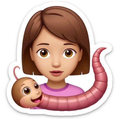 a girl light skin with brown eyes, brown short hair and a worm sticker