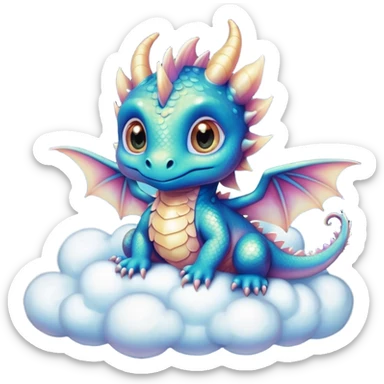 Airbrush painted image of an adorable little baby dragon with large glistening eyes sitting on a cloud under a deep galactic sky with pearlescent scales and wings spread against the stars sticker
