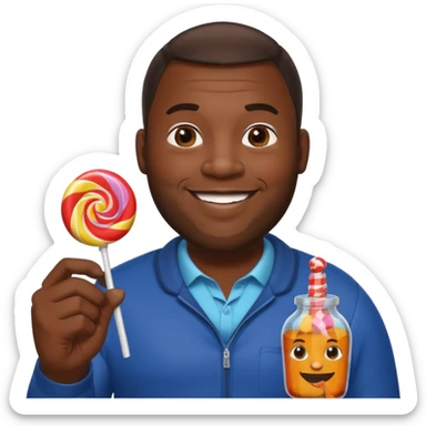 Big black man hold a bottle and a lollipop sticker