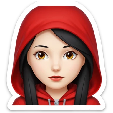 white girl with long straight black hair and a white streak, wearing a red hood sticker