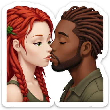 Mulher de cabelos ruivos e pele branca. O homem tem dreads nos cabelos e é negro. Ambos se beijando.  sticker
