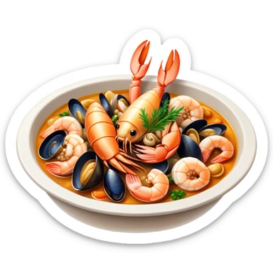 Cinematic Realistic Buzara Seafood Dish Emoji, depicted as a rustic, flavorful seafood stew with shellfish rendered with rich textures and dynamic, maritime lighting. sticker