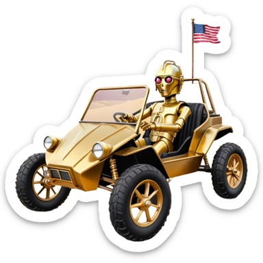Old American West tarnished neon underglow C-3PO bounty hunter 1754 delicately ornate rosegold accents painted dune buggy buckboard wagon powered by electric motors and batteries with safety and belts flying rapidly roughening terrain stable on strong agile advanced suspension and steering sticker