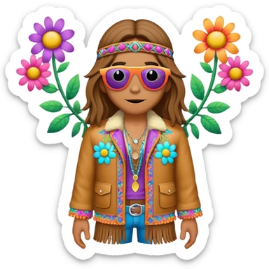 3D, psychedelic colored hippie wearing hip huggers and a fringed jacket with flower border sticker