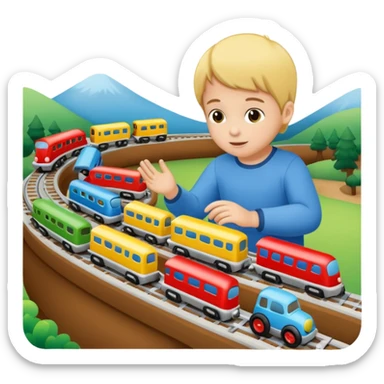 child playing with both toy cars and trains sticker