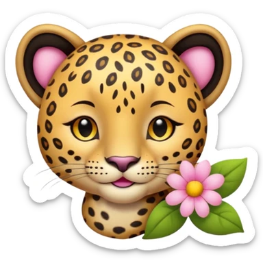 A leopard with eyes closed and a peaceful smile. A pink flower with a yellow center is tucked behind its right ear
 sticker