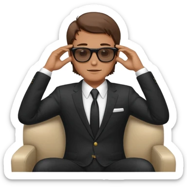 white man with brown hairs in formal suit wearing sunglasses resting with hands behind head sticker