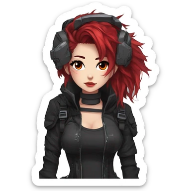 Gorgeous techwear anime style lady with blushing face aesthetic and pretty edgy black red punk messy hair and collar and harness trending style sticker