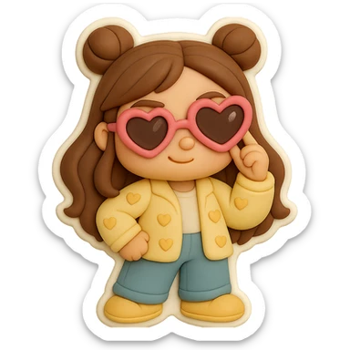 Create a 3D chibi fondant cake art style image of a girl based on the reference image. Preserve facial features and eye shape exactly as in the reference. She has long brown hair styled in two space buns, brown eyes, and shoes matching the reference. She stands with one hand on her hip and the other hand holding the arm of her pink heart-shaped sunglasses with a shiny highlight. The expression is confident, businesslike but kind. Include a thick white outline like a sticker and ensure the background is transparent. sticker