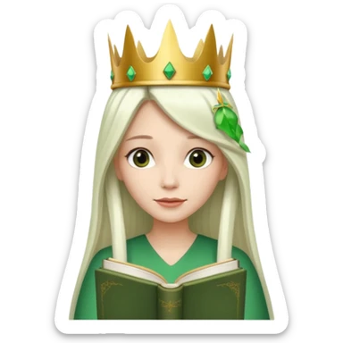 Long Hair Women with green Book, White straight hair, crown

 sticker