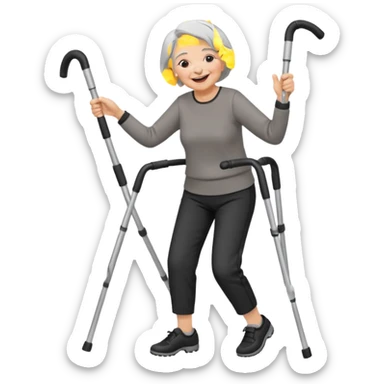 old woman with short hair, dressed with pants, laughing and dancing with crutches sticker
