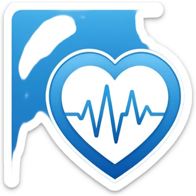 Minimal medical AI logo, heart + signal wave with AI words stilized, flat emoji style, clean, modern, blue and white sticker