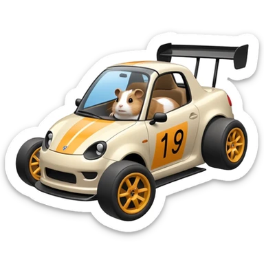 Racing drift car whose frame and suspension is made of shopping cart material with a large rear spoiler is being professionally steered driven by a small thin Guinea pig  sticker