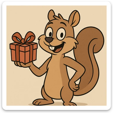 cartoon style squirrel holding a present with one hand, fun and friendly sticker