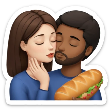 White woman with brown hair with eyes closed kissing forehead of brown man with black hair and a bread with eyes also closed sticker