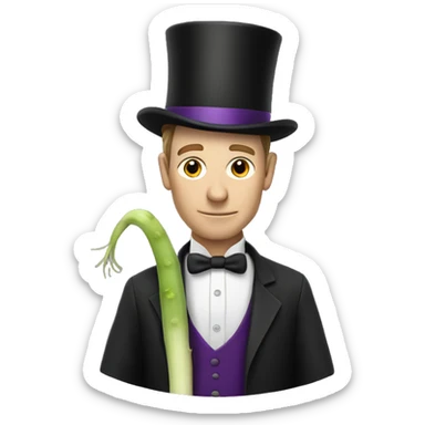 White man wearing a Top Hat with a purple band holding a leek sticker