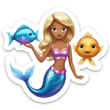 Brown skin blonde hair barbie mermaid with holographic tail  with pufferfish sticker