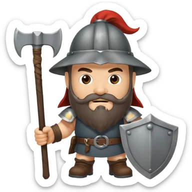 gimli lord of the rings with dark brown beard holding ax and a gray metal helmet sticker