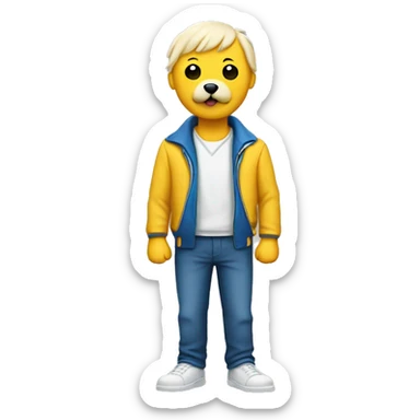 A white yellow guy with a blue jacket with a dog bone with a cute white dog on the side  sticker