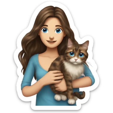 Long haired brunette blue eyed girl holding a long haired tortishell cat sticker