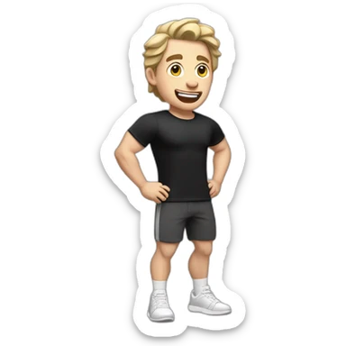 amazed Open with surprise mouth Pale skinned Fit Man With the biceps and dark brown hair in black shirt, gray sports shorts and white Sneakers sticker