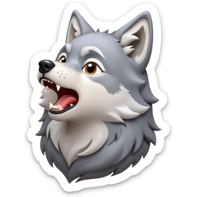 cinematic-cute-howling-wolf-portrait-emoji,-head-tilted-slightly-with-a-dramatic,-wide-open-howl,-showcasing-a-smooth-grey-and-white-fur-with-drooping-ears,-round-eyes-barely-open-in-drowsy-contentment,-simplified-yet-irresistibly-adorable zoomed out showing shoulders sticker