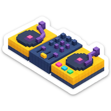 detailed DJ equipment close-up with turntables, mixer, and glowing buttons sticker