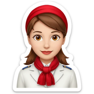 Female flight attendant, with red scarf, white shirt, brown hair, brown eyes, iOS emoji-type face, fair skin  sticker