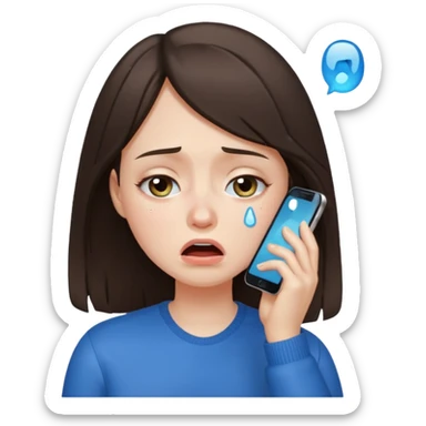 generate a brunette girl crying while taljking on a mobile phone sticker