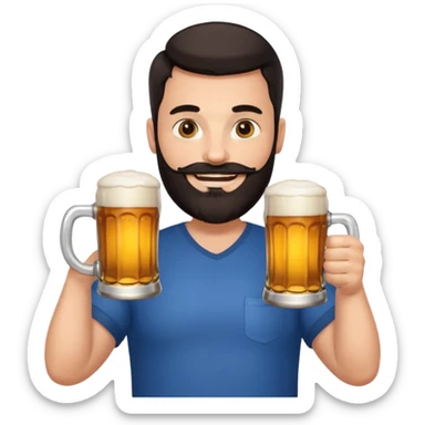 big man in lotus pose, bright skin, dark beard and dark short hair, holding beer mugs sticker
