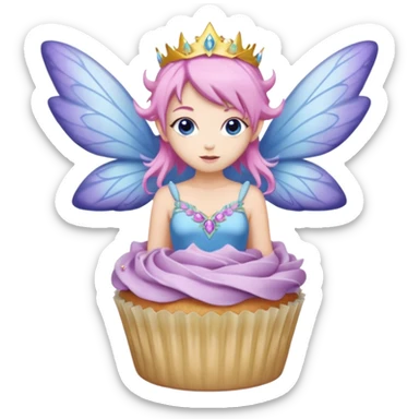 beige fairy cupcakes with yellow frosted icing on top and a enchantress fairy with pink hair and lilac wings and blue eyes wearing a dusky pink embellished gown decoration sticker