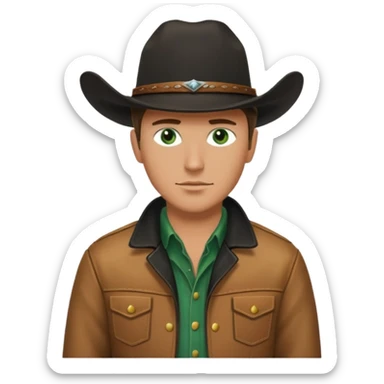 yellowstone ranch cowboy with black cowboy hat, black t-shirt, leather tan jacket, and green eyes sticker