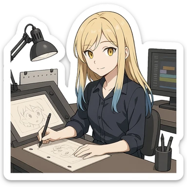 a girl animator, medium long blond hair with blue-dyed ends, yellow eyes, dark blue attire, sitting at a desk with animation equipment sticker