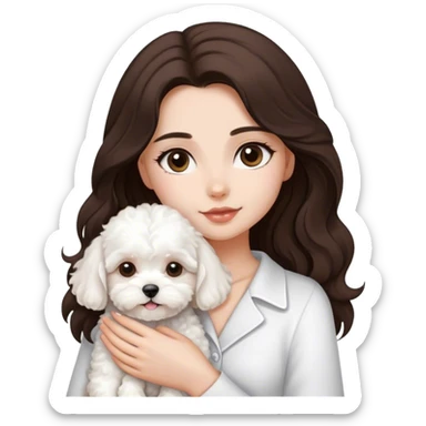 una chica con el cabello marrón oscuro y semi ondulado largo con un perrito bichon maltes sticker