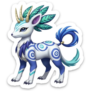 Tropical Tiny Marked Patterned Tribal Colorful Skilled Adept Graceful Asian Painted Garurumon-Meloetta-Absol-Suicune-Cobalion-fusion-hybrid-creature (full body) sticker