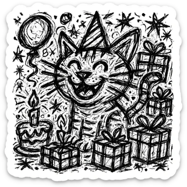 Add more gifts around the kitten, keeping the chaotic outlined style and all original elements intact sticker